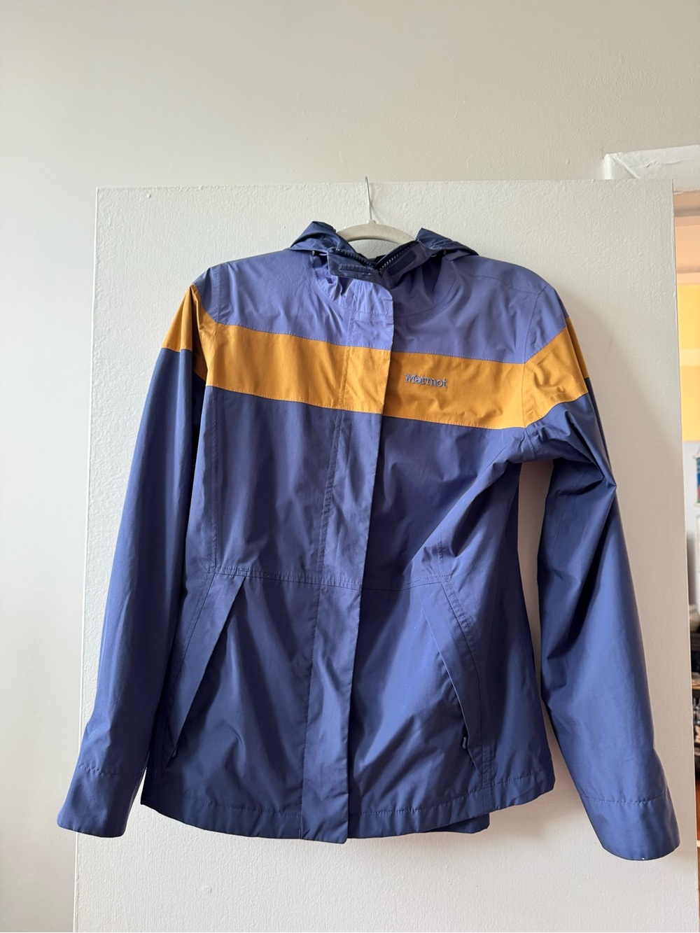Marmot Blue Jacket with Yellow Chest Stripe